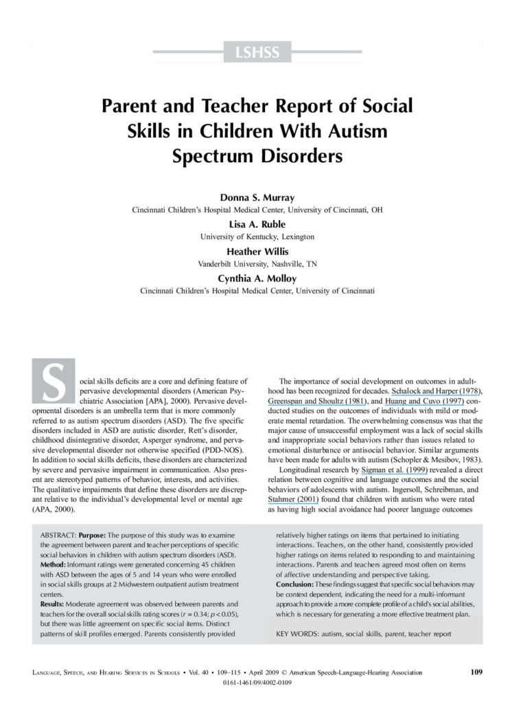 thumbnail of Ruble et al (2009) Parent and Teacher Report of Social Skills