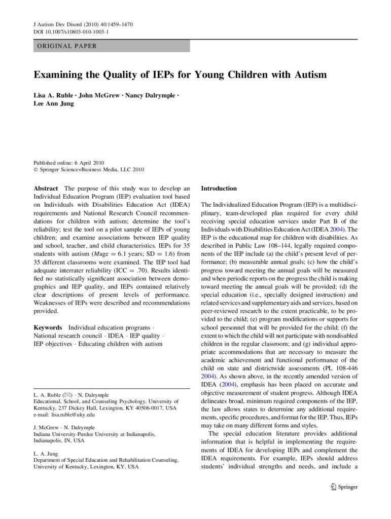 thumbnail of Ruble et al (2010) Quality of IEPs for young children with autism
