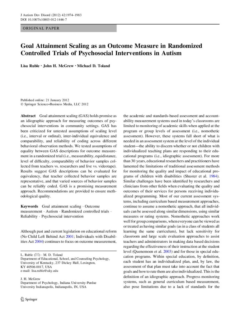 thumbnail of Ruble et al (2012) Goal attainment scaling as outcome measure