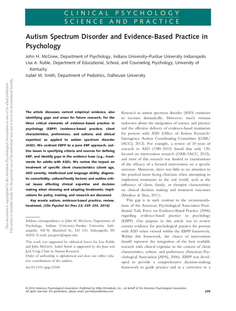 thumbnail of Ruble et al (2016) ASD and evidence-based practive in psychology