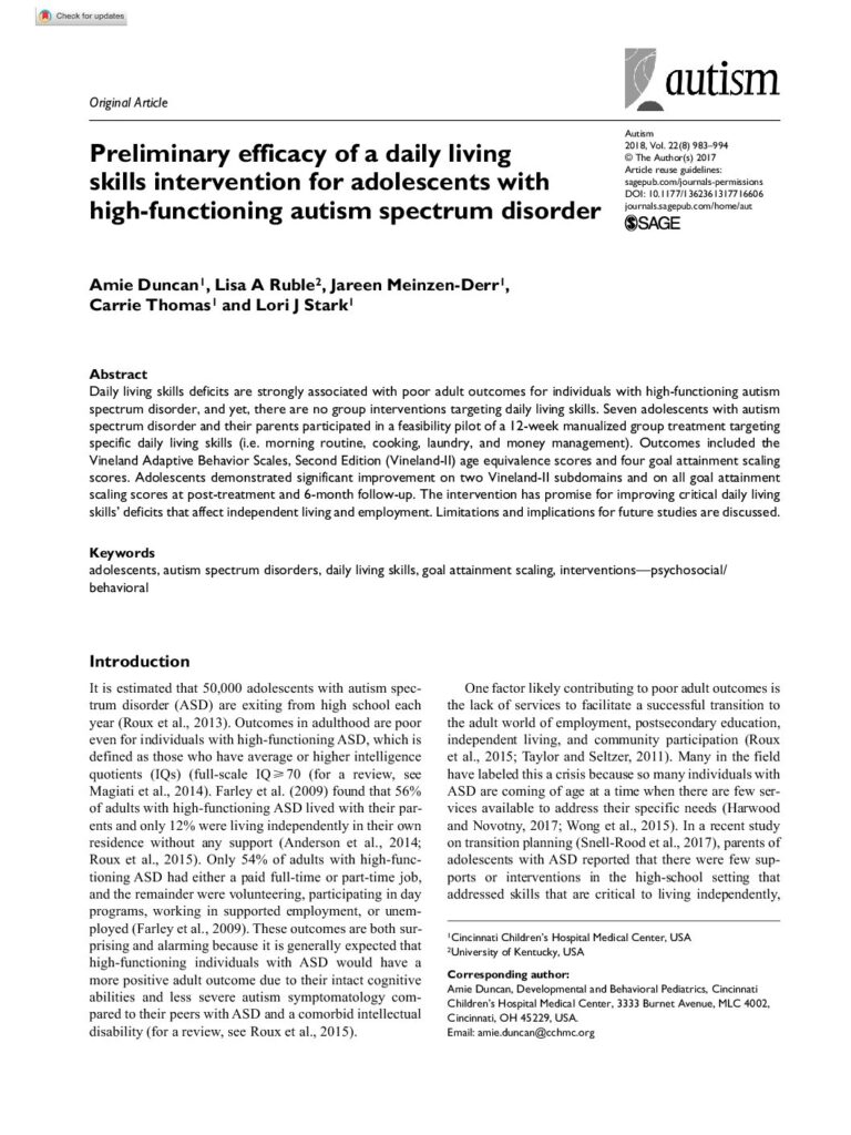 thumbnail of Ruble et al (2017) Efficacy of daily living skills intervention