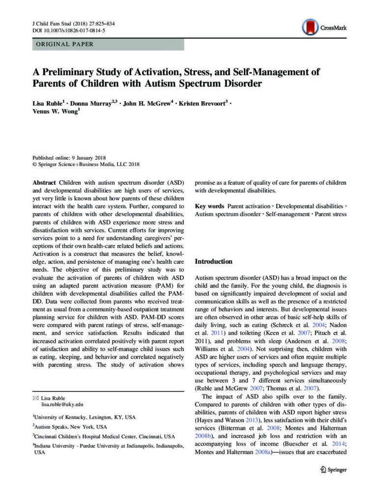 thumbnail of Ruble et al (2018) Preliminary of Activation, Stress and Self-Management of Parents