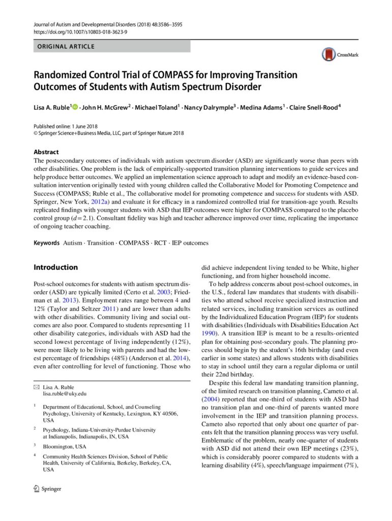 thumbnail of Ruble et al (2018) Randomized control trial of COMPASS- improving transition outcomes