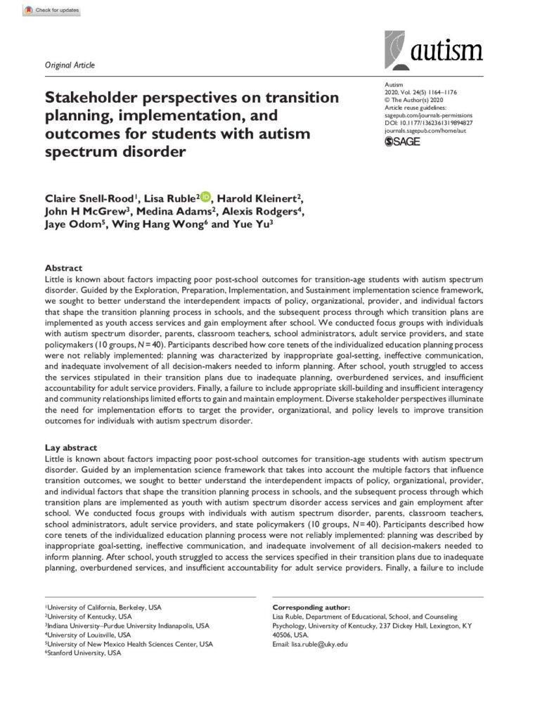 thumbnail of Ruble et al (2020) Stakeholder perspective on transition planning, implementation, and outcomes