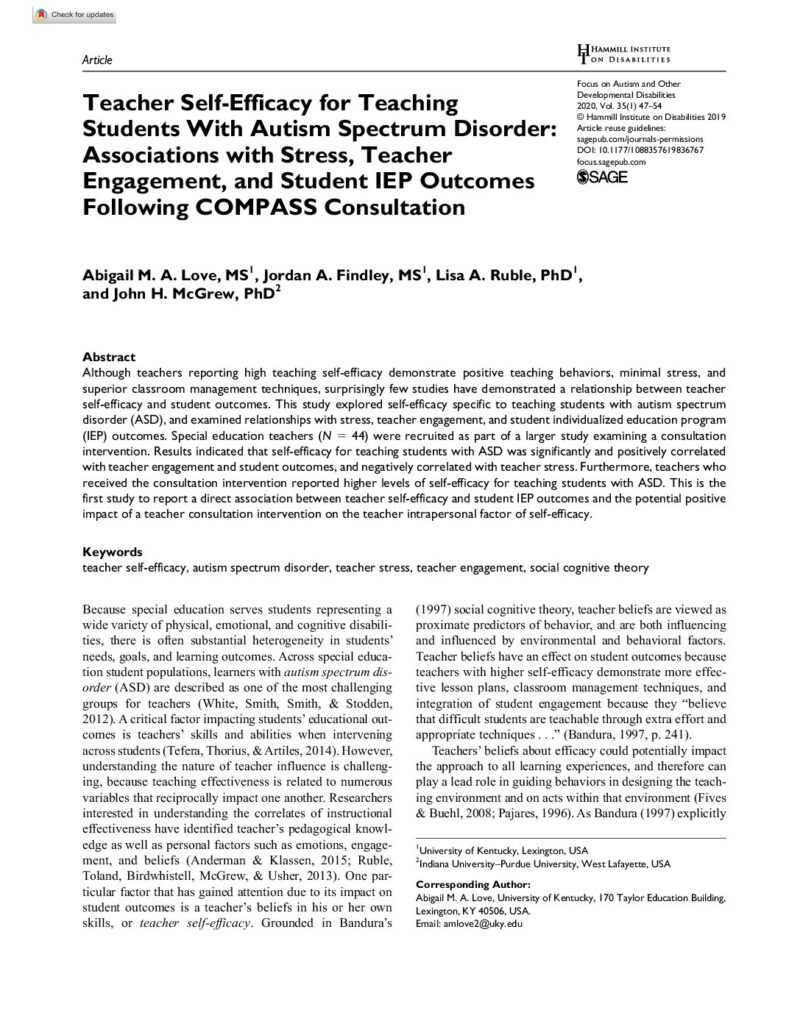 thumbnail of Ruble et al (2020) Teacher self-efficacy for teaching students with ASD following COMPASS consultation