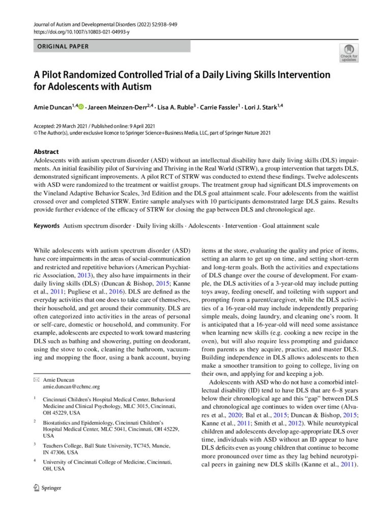 thumbnail of Ruble et al (2021) Pilot RCT daily living skills intervention