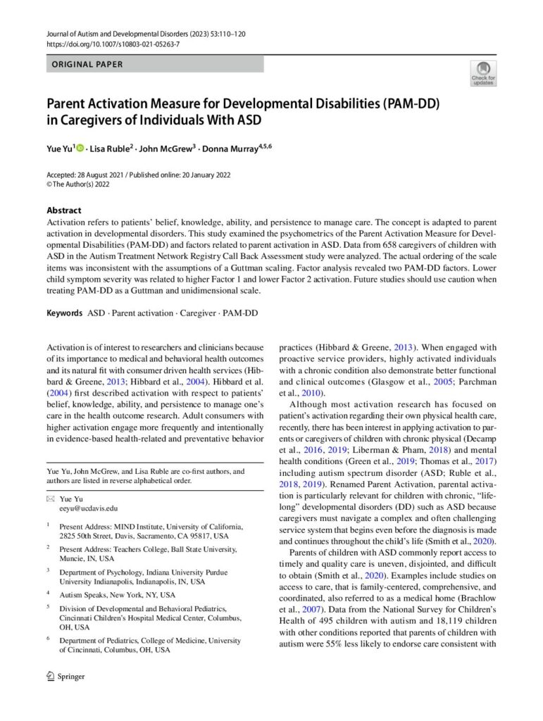 thumbnail of Ruble et al (2022) PAM-DD in caregivers of individuals with ASD