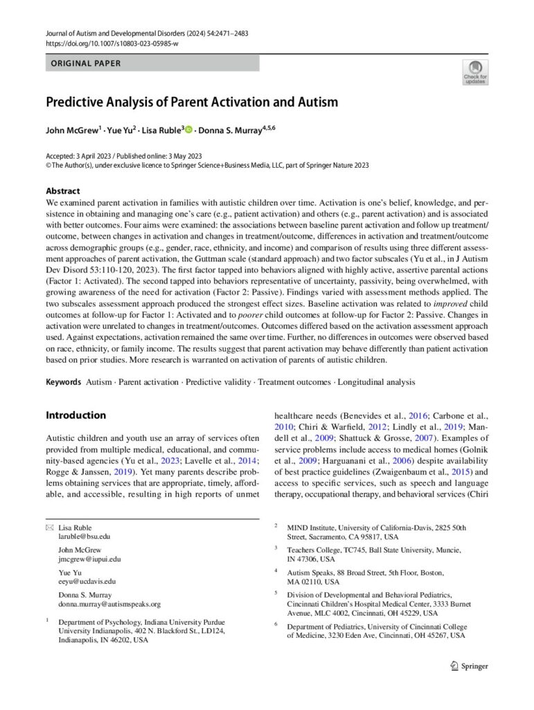 thumbnail of Ruble et al (2023) Predictive analysis of parent activation and autism