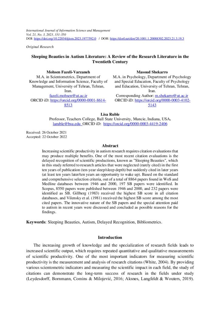 thumbnail of Ruble et al (2023) sleeping beauties in autism literature