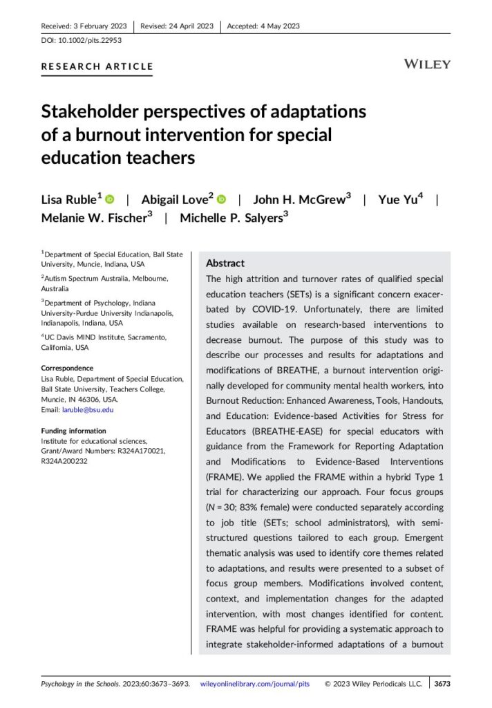 thumbnail of Ruble et al (2023) stakeholder perspectives of adaptations of a burnout intervention for special ed teachers