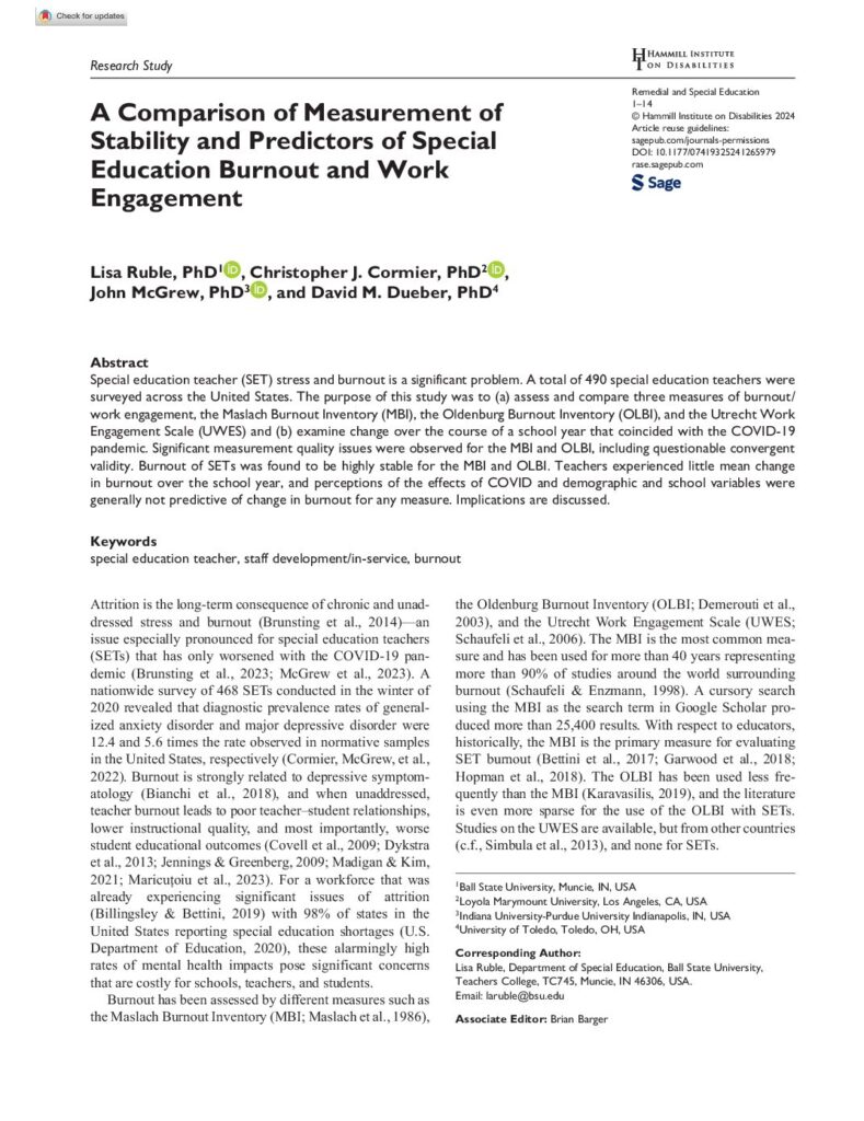 thumbnail of Ruble et al (2024) Comparison of measurement of stability and predictors of special ed burnout
